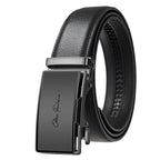 Black leather belt with a silver buckle on a white background