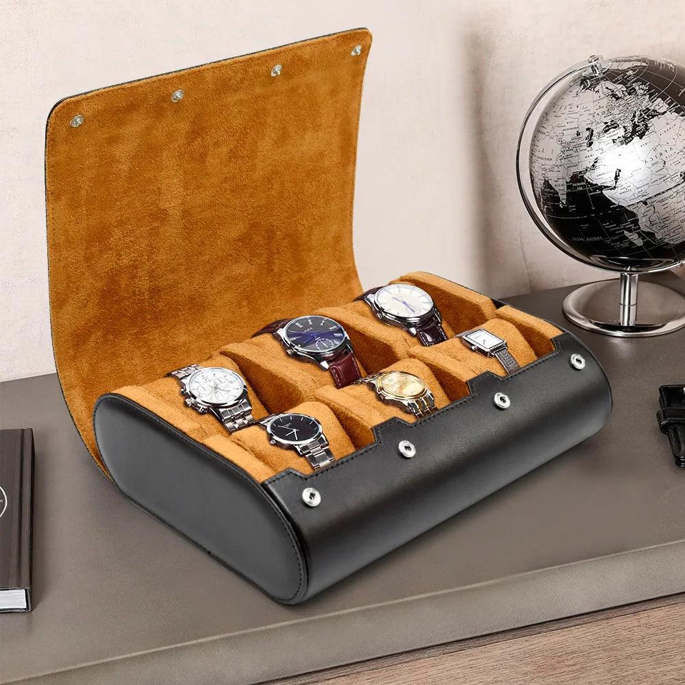 Watch holder with six watches on a surface next to a globe