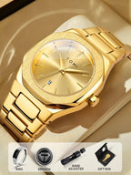 Gold-tone stainless steel men's watch with a matching metal bracelet, gold dial, and date window, displayed on a beige surface with included accessories shown in a bottom banner: ring, brooch, band adjuster, and gift box. The watch face shows the brand TOMI.
