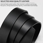 Close-up of a black leather belt with text about high-quality leather.