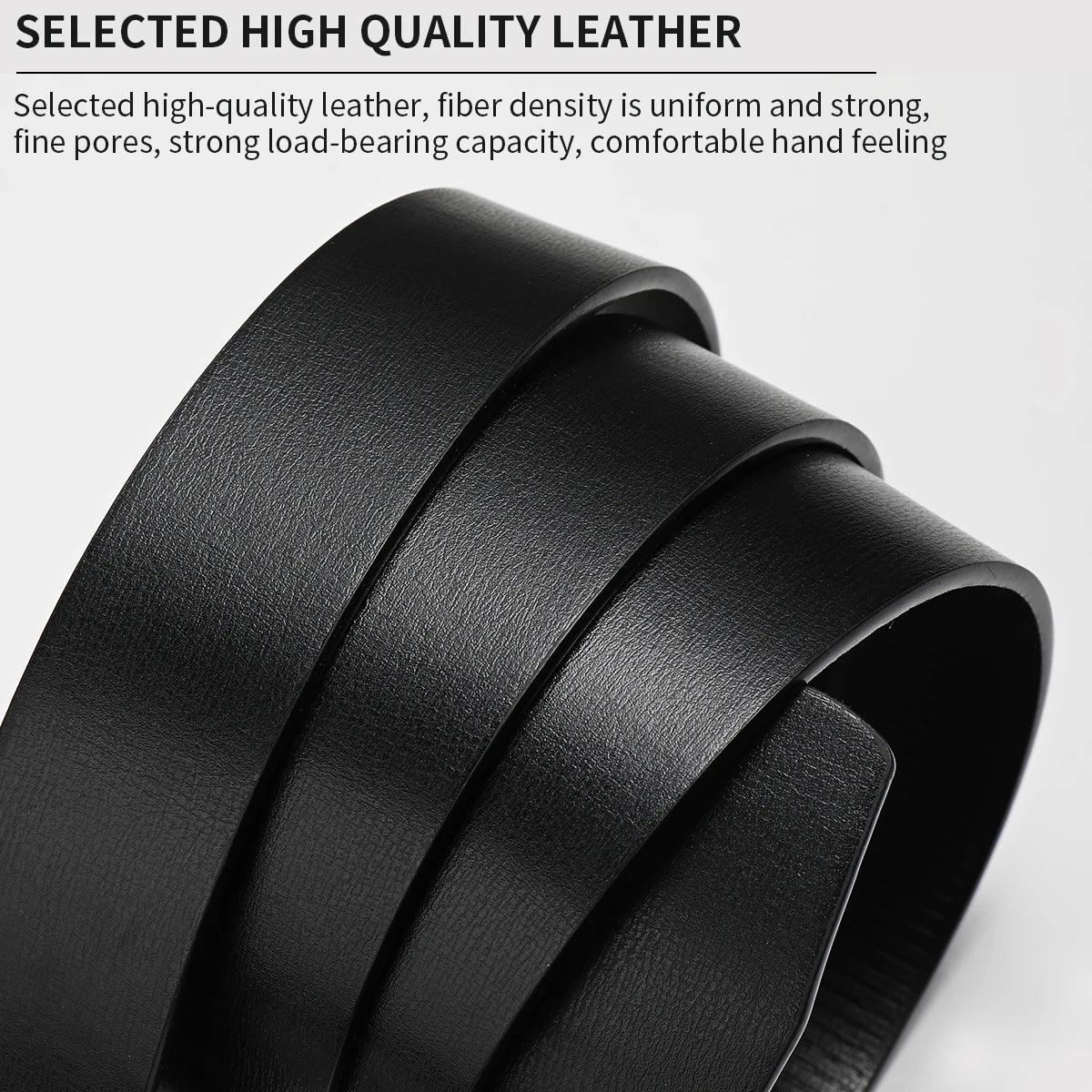 Close-up of a black leather belt with text about high-quality leather.
