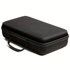 Black hard-shell carrying case on a white background