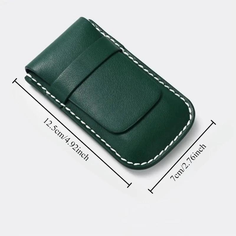 Green leather money clip with measurements on a white background