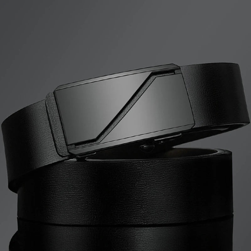 Black leather belt with a metallic buckle on a dark background
