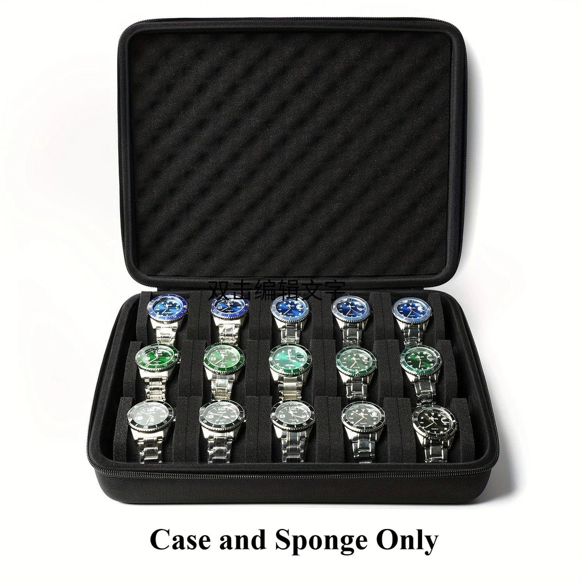 Black watch case with multiple watches on a white background