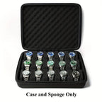 Black watch case with multiple watches on a white background