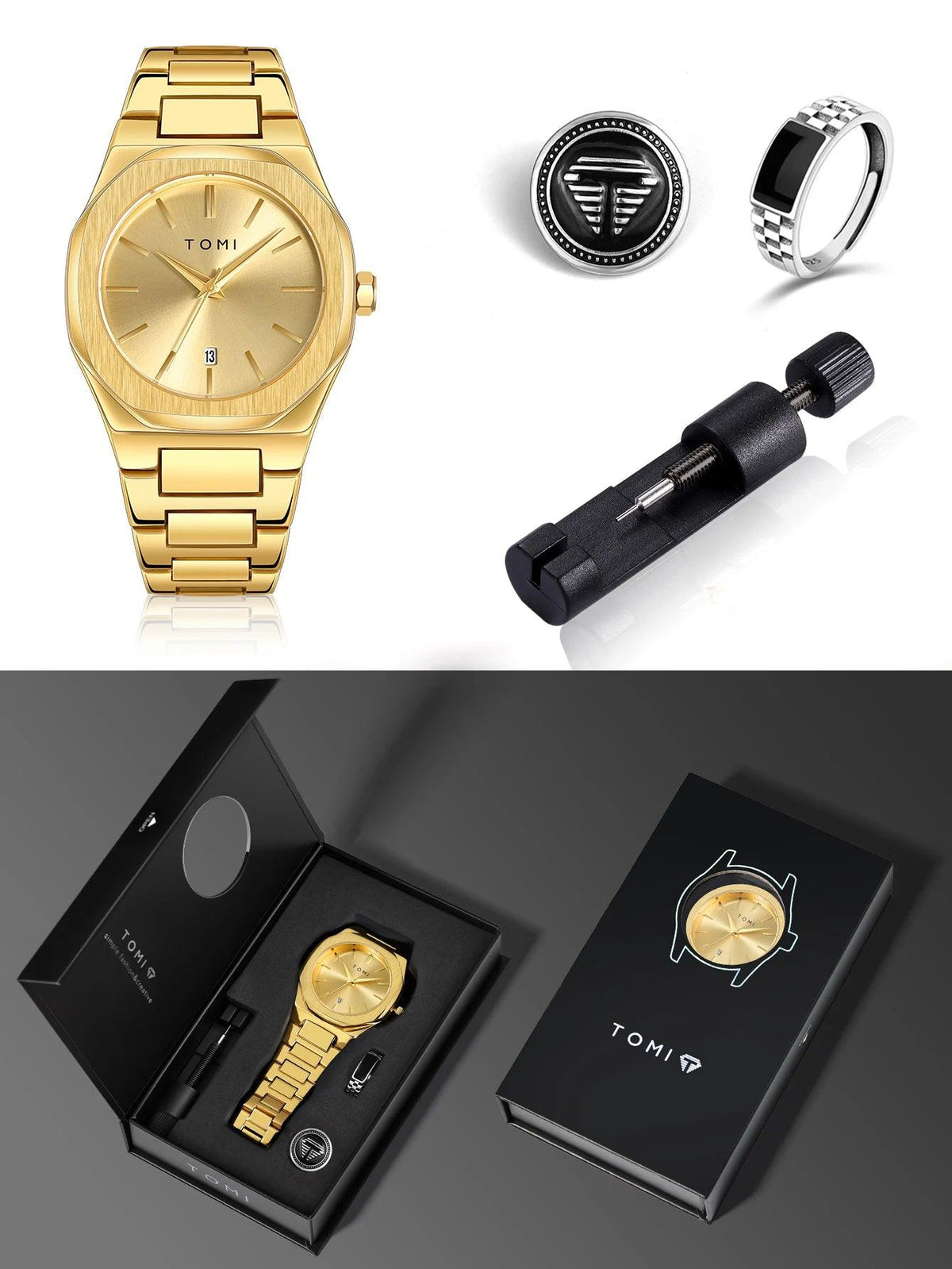 TOMI men's watch gift set featuring a gold-tone metal bracelet watch, a black and silver striped ring, a black and silver round pin, and a black watch tool, displayed alongside black branded packaging.