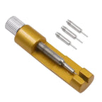 Metal watch band link pin remover tool with 3 extra replacement pins included in the package, displayed on a white background