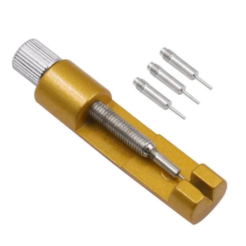 Metal watch band link pin remover tool with 3 extra replacement pins included in the package, displayed on a white background