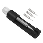 Metal watch band link pin remover tool with 3 extra replacement pins included in the package, displayed on a white background