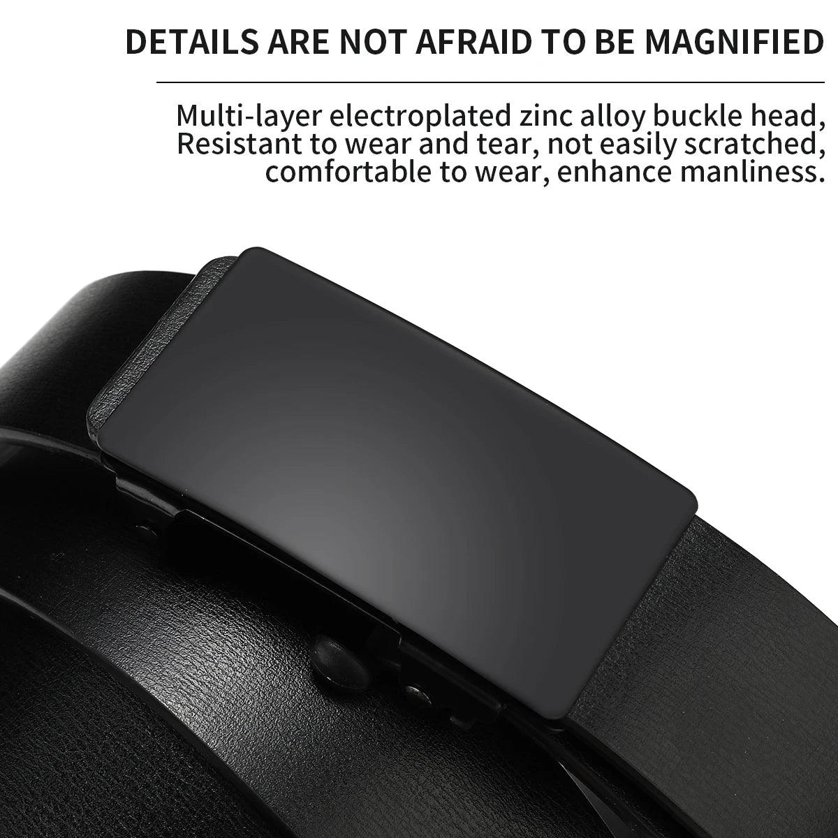 Black belt buckle with text about its features on a white background