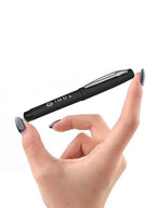 Hand holding a black pen with a white background