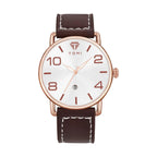 Watch with brown leather strap and white face on a white background