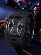 A rugged black digital sports watch with a thick protective case and matching black strap, shown close up against a dark blue and black textured background with blurred colorful bokeh.