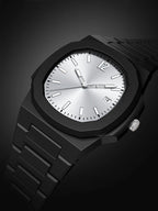 A modern analog watch with a matte black octagonal case and integrated link bracelet, featuring a silver sunburst dial with white indices and a date window.
