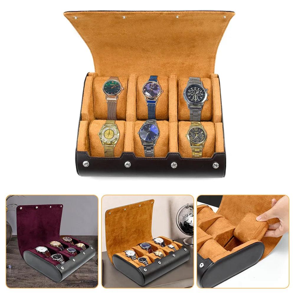 Watch display case with multiple watch compartments on a white background