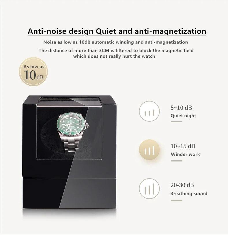 Watch in a black display case with text about anti-noise design and magnetization on a white background