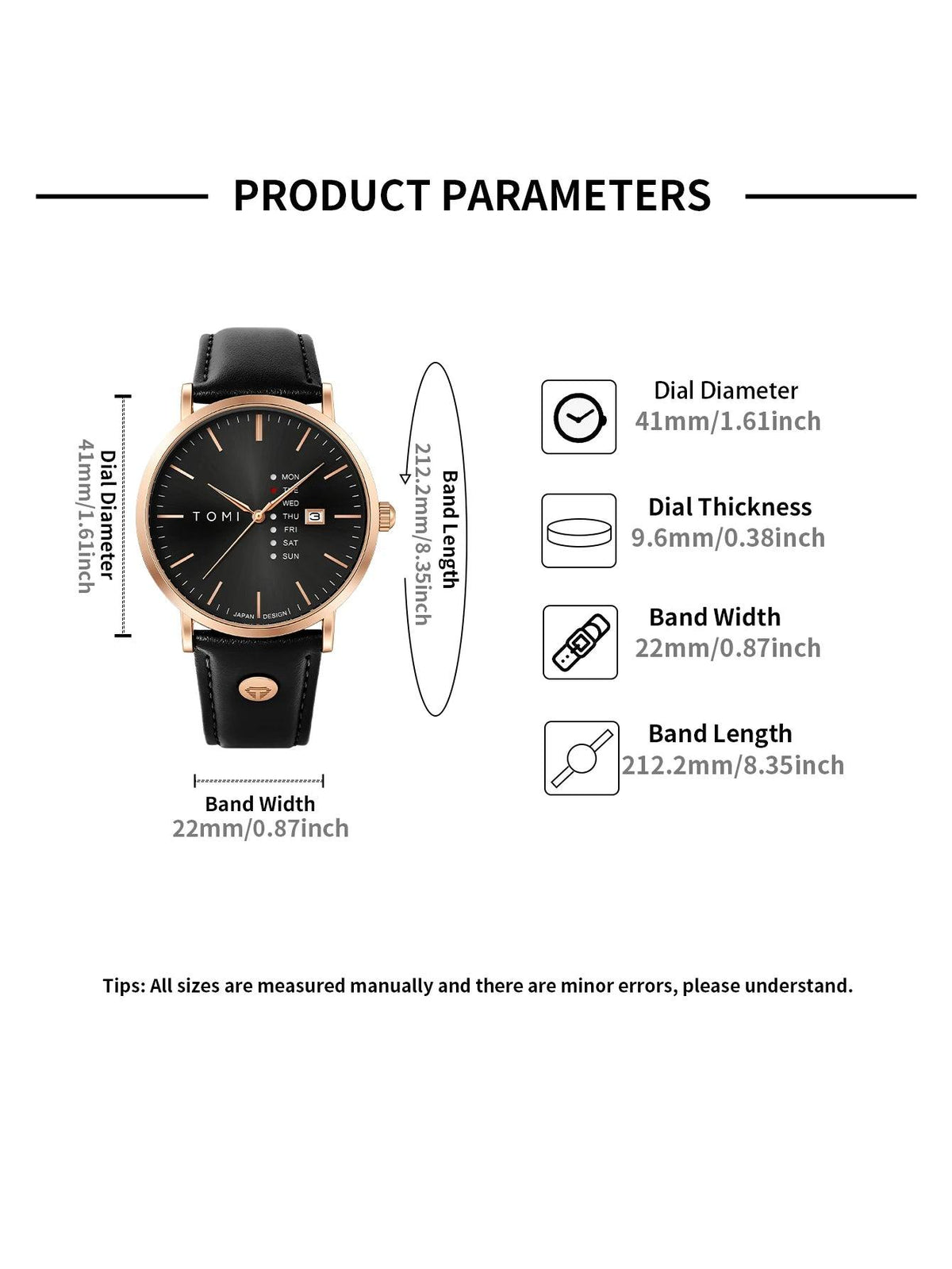 Product parameters of a watch with black face and rose gold case on a white background