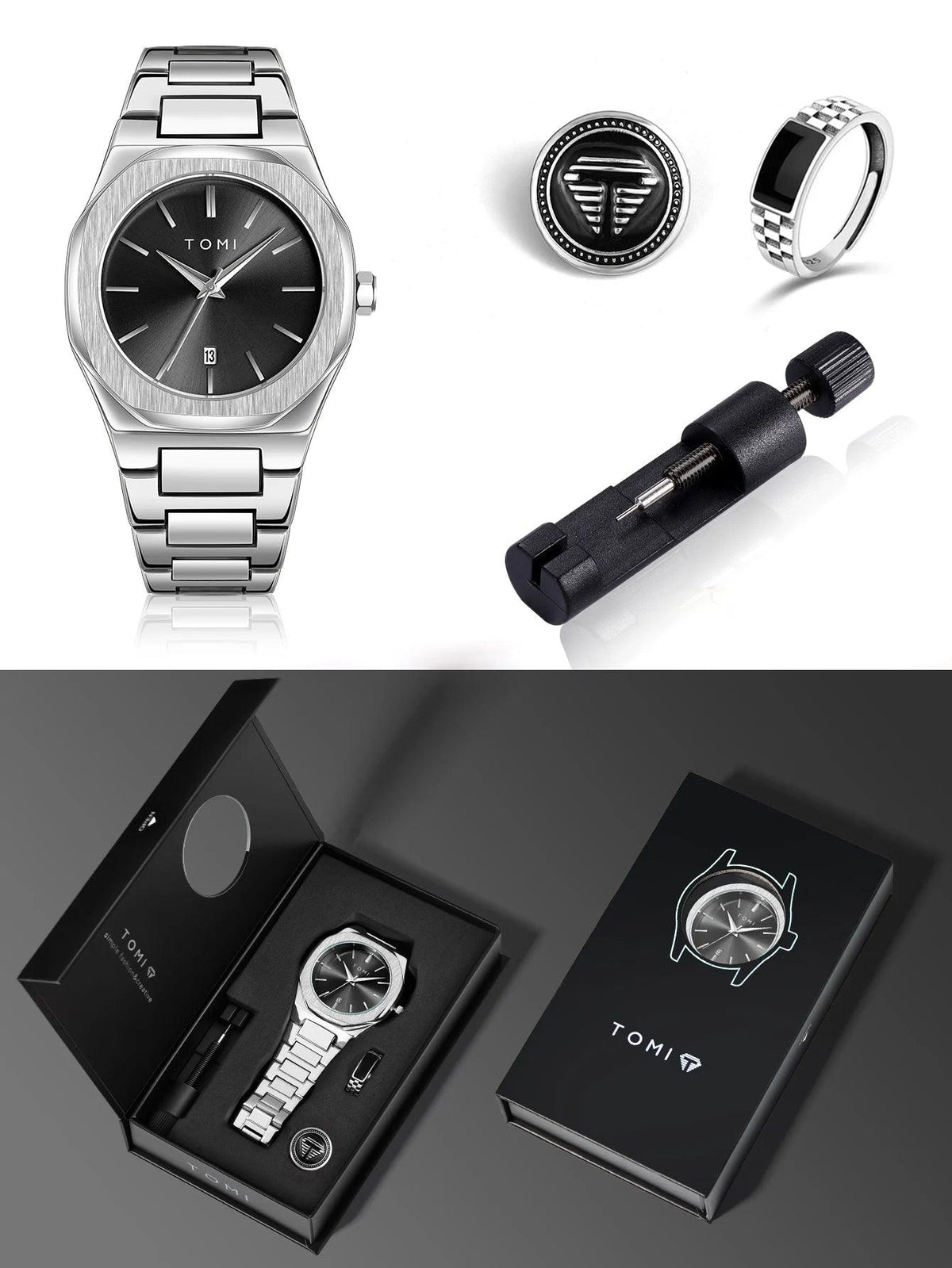 Collection of TOMI watches, rings, and a tool on a white background
