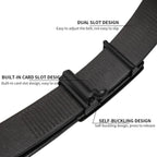 Black belt with dual slot, card slot, and self-buckling design features on a white background.