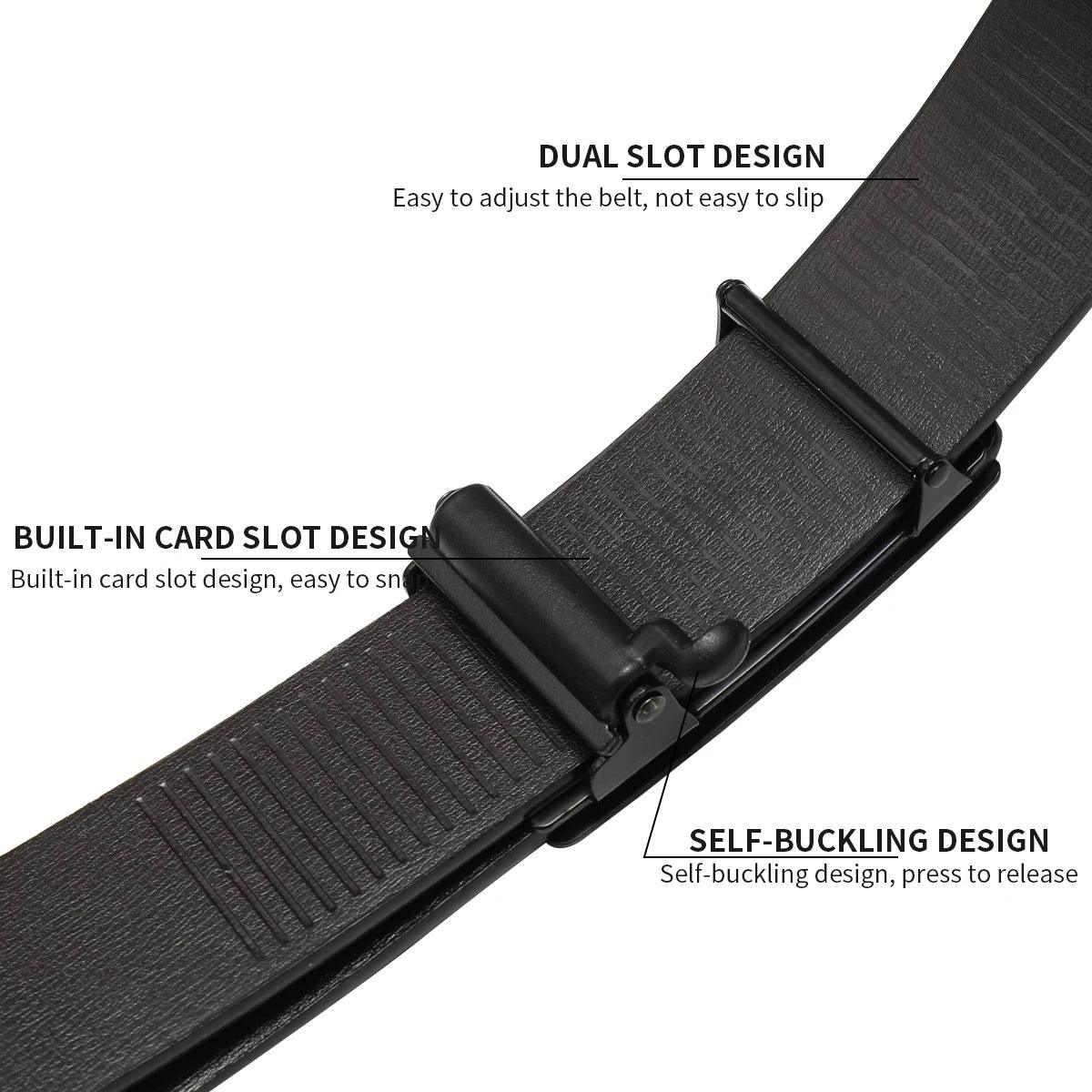 Black belt with dual slot, card slot, and self-buckling design features on a white background.