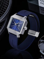 Blue watch with silver case on a dark background