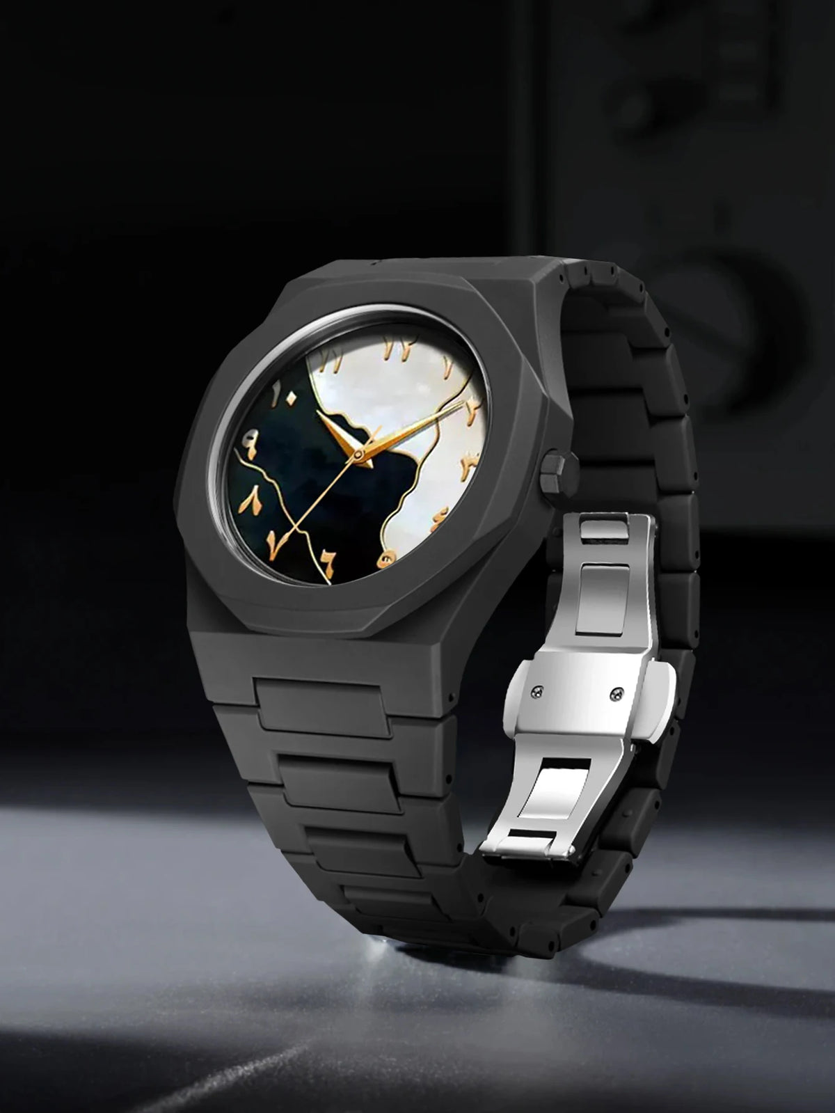 Black and silver watch with a unique design on a dark background