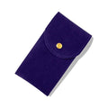 Navy blue fabric pouch with a gold button on a white background