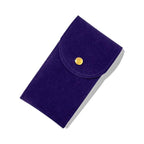 Navy blue fabric pouch with a gold button on a white background
