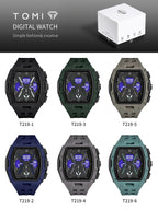 Six digital watches shown in different color options: black, dark green, gray, navy blue, charcoal gray, and teal. The image includes the brand name TOMI, the text 'DIGITAL WATCH', a white product box, and model numbers T219-1 through T219-6 below each watch.