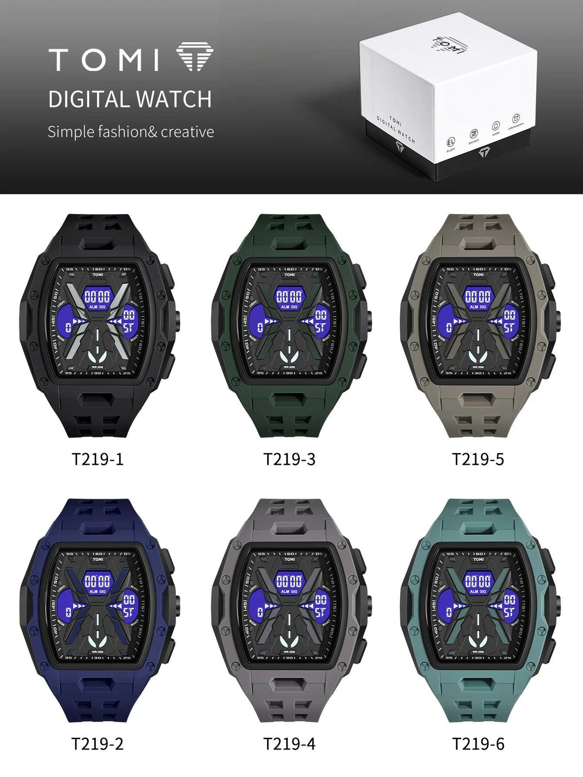 Six digital watches shown in different color options: black, dark green, gray, navy blue, charcoal gray, and teal. The image includes the brand name TOMI, the text 'DIGITAL WATCH', a white product box, and model numbers T219-1 through T219-6 below each watch.