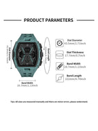 Product parameters diagram for a rugged smartwatch, showing a side and front view of the watch with labeled dimensions for dial diameter, dial thickness, band width, and band length on a white background.