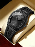 A black Tomi analog watch with a textured dial and matching black strap, displayed inside a cream-colored watch box.