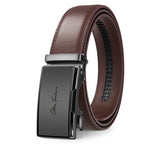 Brown leather belt with a black buckle on a white background