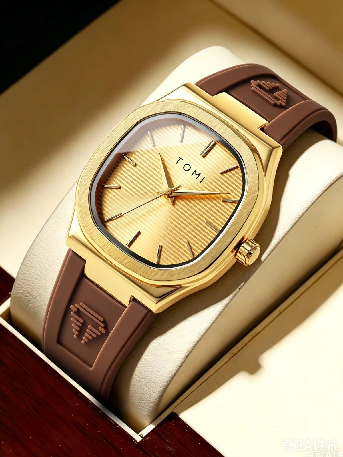 A gold-tone TOMI watch with a brown strap, displayed inside a cream-colored watch box.