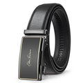 Black leather belt with a silver buckle on a white background