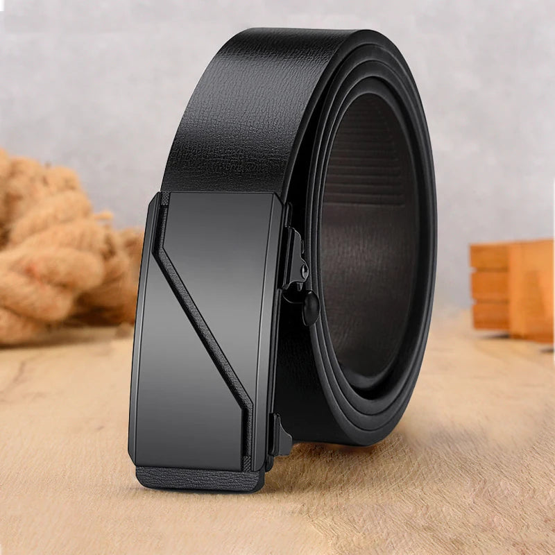 Black leather belt with a metallic buckle on a dark background