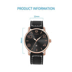 Black watch with rose gold accents and measurements on a white background