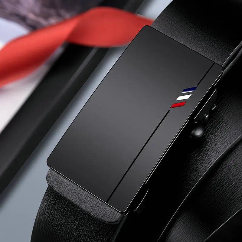 Black belt buckle with a brand logo on a blurred background