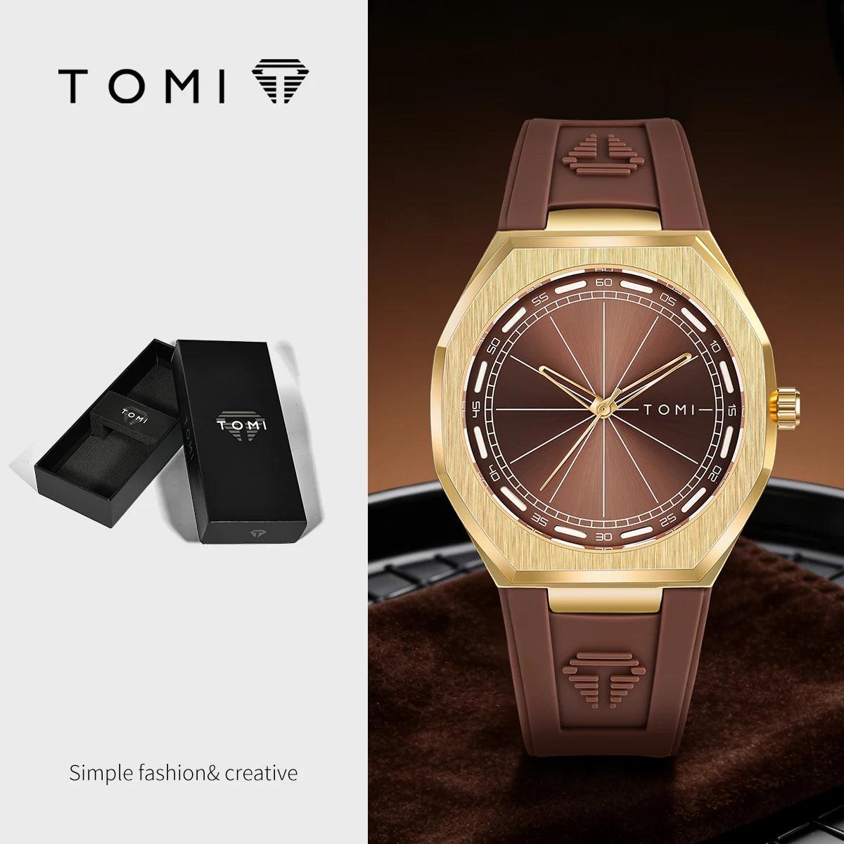 TOMI men's watch featuring a brushed gold-tone case, a brown dial, and a brown silicone strap with an embossed logo. The image is split into two sections: the left shows the black TOMI presentation box, and the right shows the watch on a dark brown textured surface.