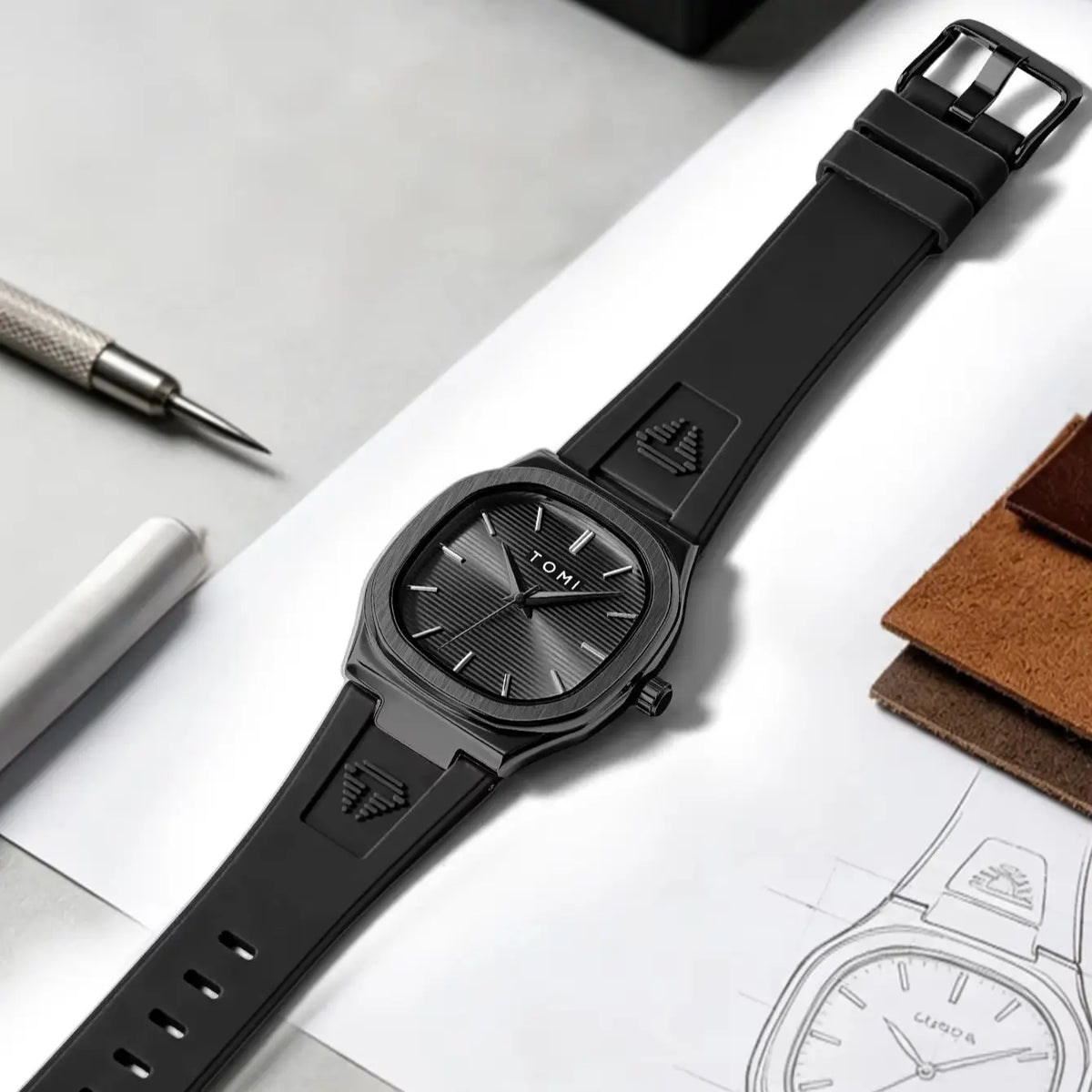 A black analog watch with a matte black dial and matching black strap, laid diagonally on a light gray desk with a pen, leather sample, and watch sketch nearby.