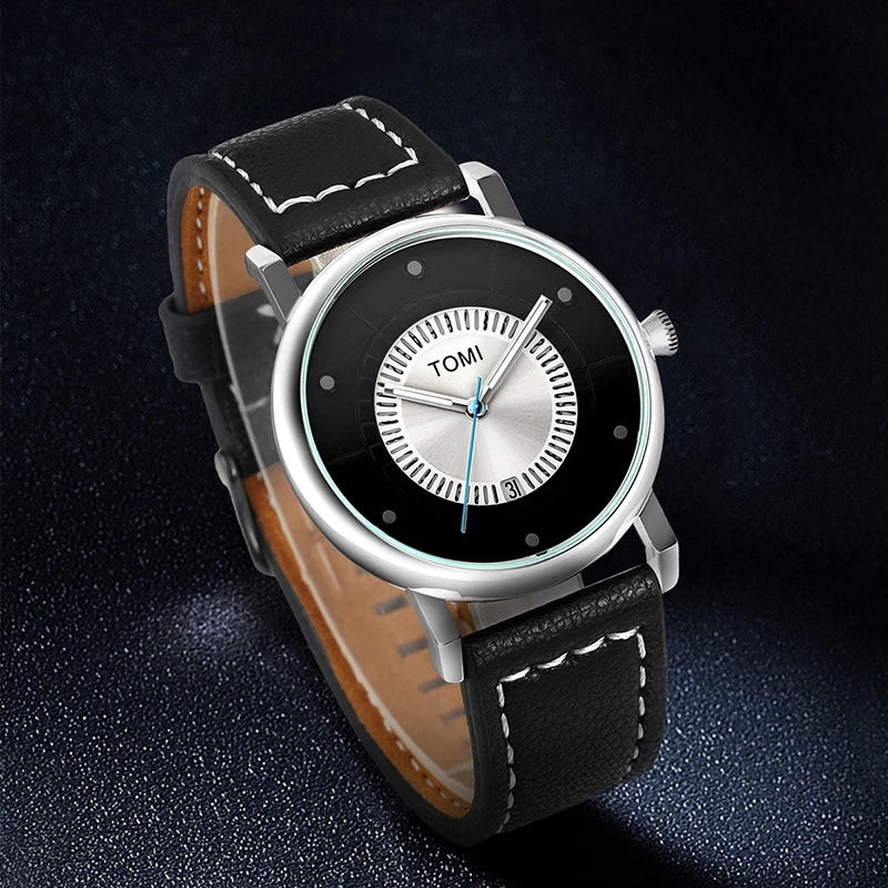 Black wristwatch with silver case and black leather strap on a dark background
