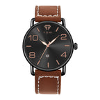 Watch with brown leather strap and black dial on a white background