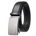 Black leather belt with a silver buckle on a white background