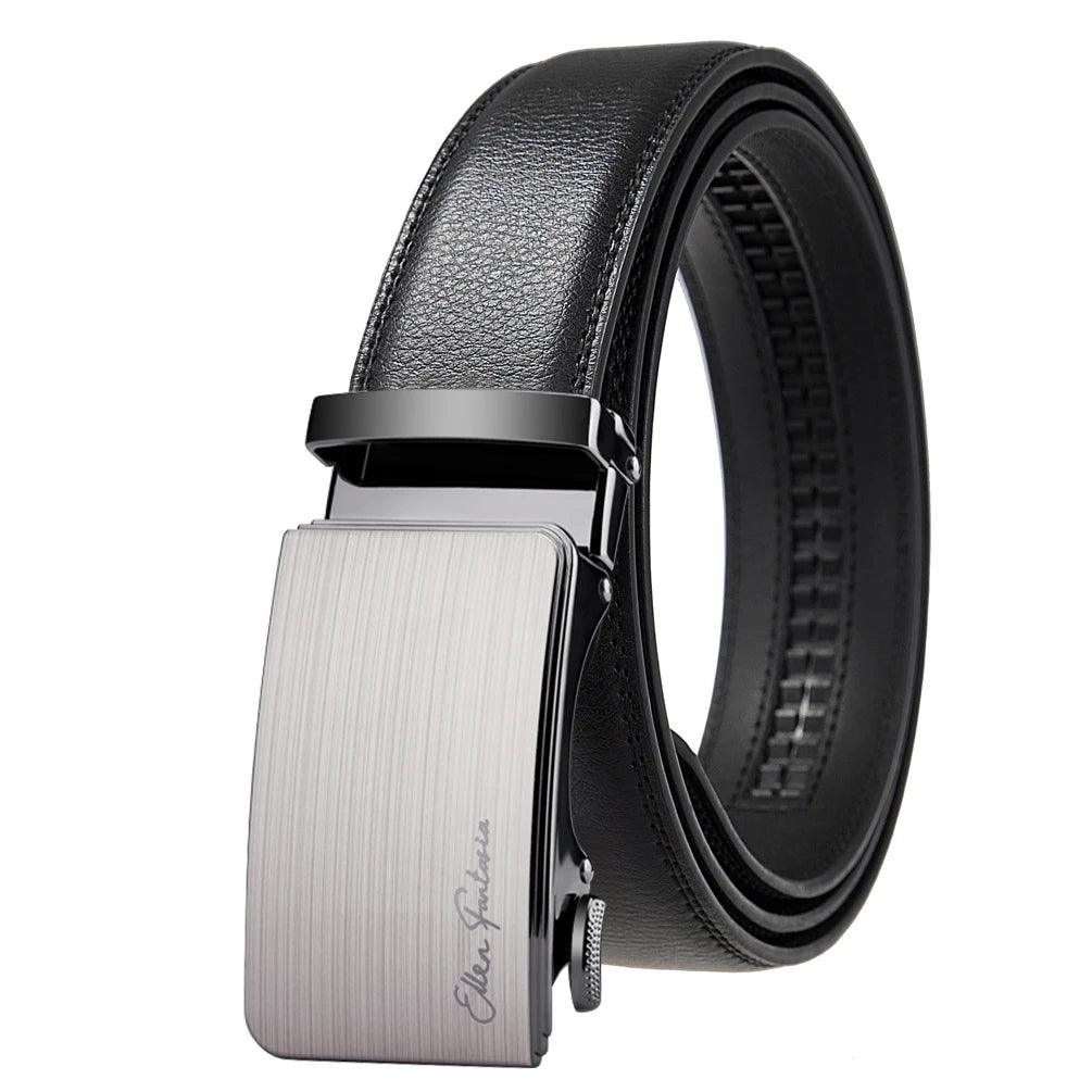 Black leather belt with a silver buckle on a white background