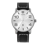 Wristwatch with black leather strap and silver watch face on a white background