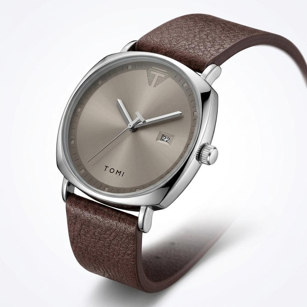 Man wearing TOMI T044 Meridian Chronicle watch, Brown / Silver colorway