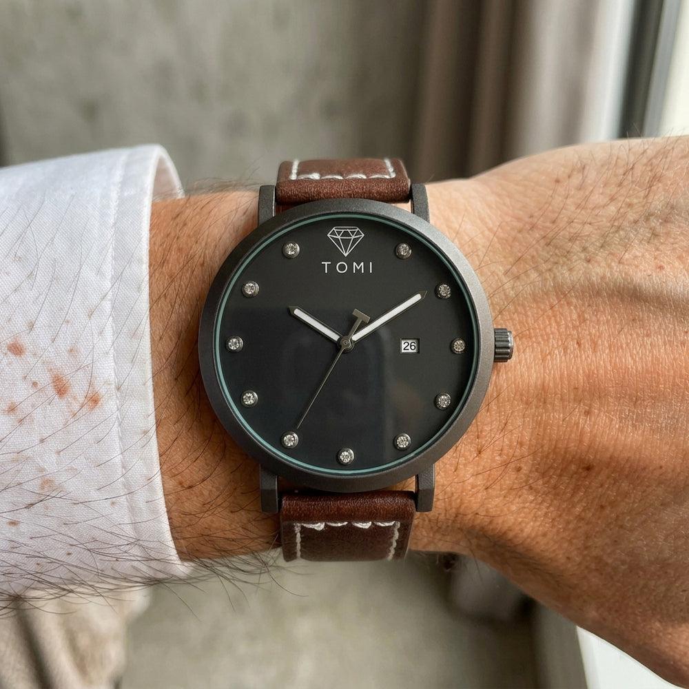 Man wearing TOMI T074 Noble Cadence watch, Brown / Black colorway