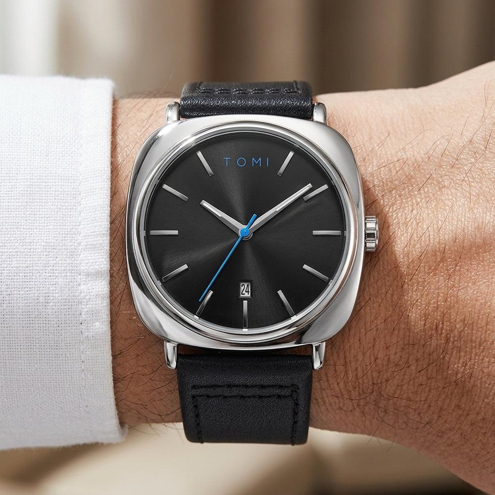 Man wearing TOMI T084 Nebula Surge watch, Black / Silver colorway