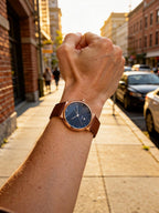 Man wearing TOMI T091 Citadel Edition watch, Brown / Blue colorway
